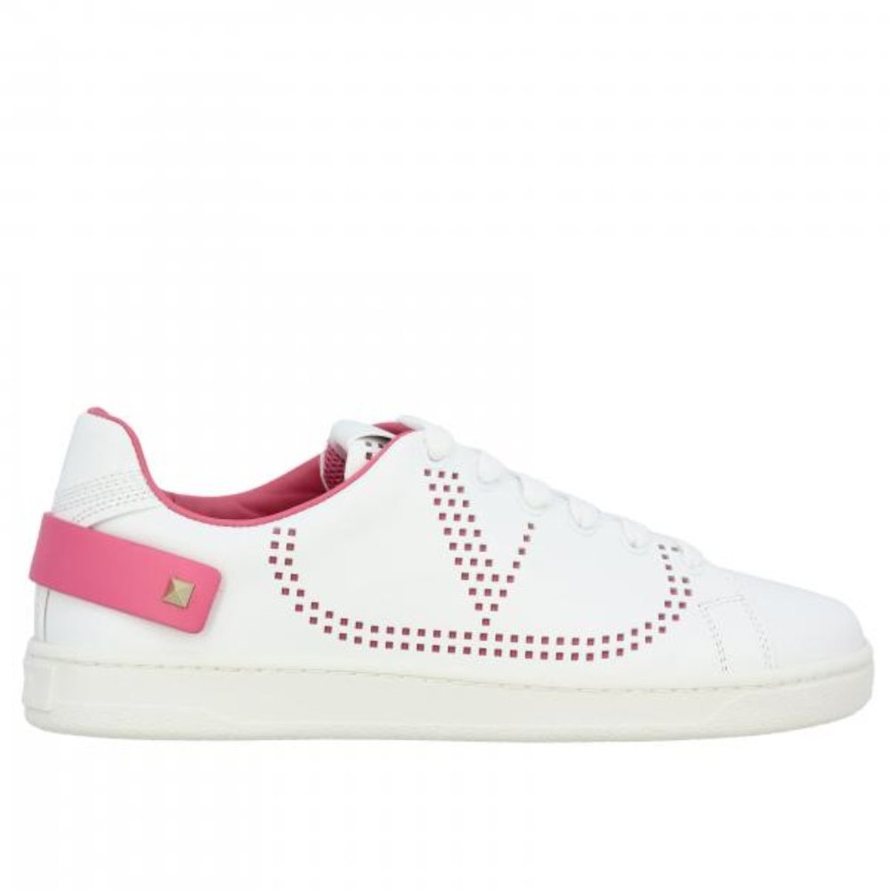 VALENTINO GARAVANI White/Pink Leather V Logo Perforated Sneaker Shoes sz 40